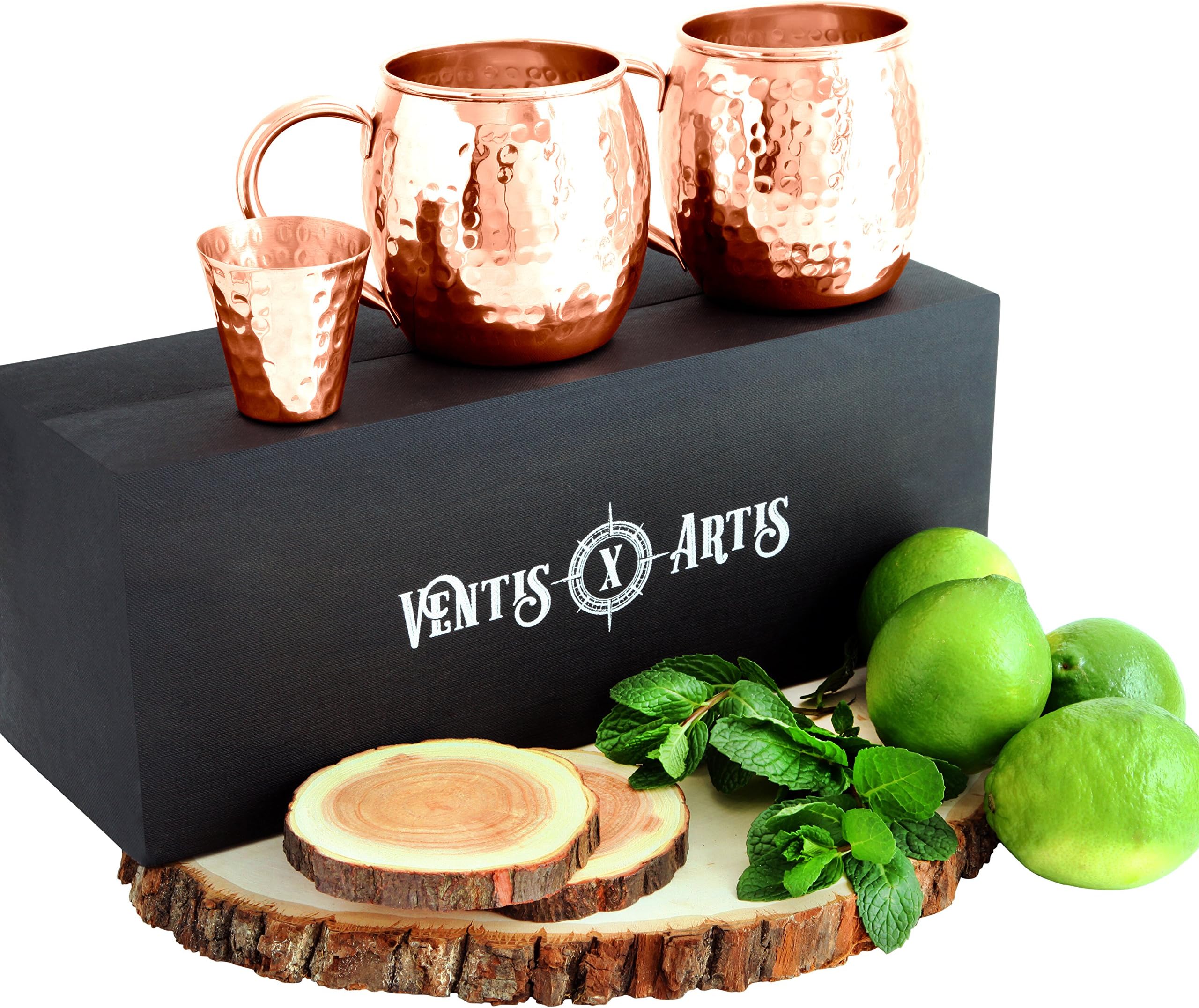 NEW! Trendy Handcrafted Moscow Mule Copper Mug Gift Set INCLUDING Copper Jigger, Beautiful Black Satin Box And Artisan 2x Saguan Teak Wood Handcrafted Coasters