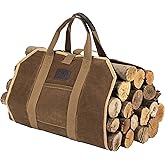 BHD Firewood Fireplace Carrier Logs Tote Holder 20 oz Waxed Canvas Sturdy Bag with Handles for Camping Indoor Outdoor Brown