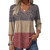 Zeagoo 3/4 Length Sleeve Womens Tops Casual V Neck Pleated Top Boho Floral Blouses Work Shirts