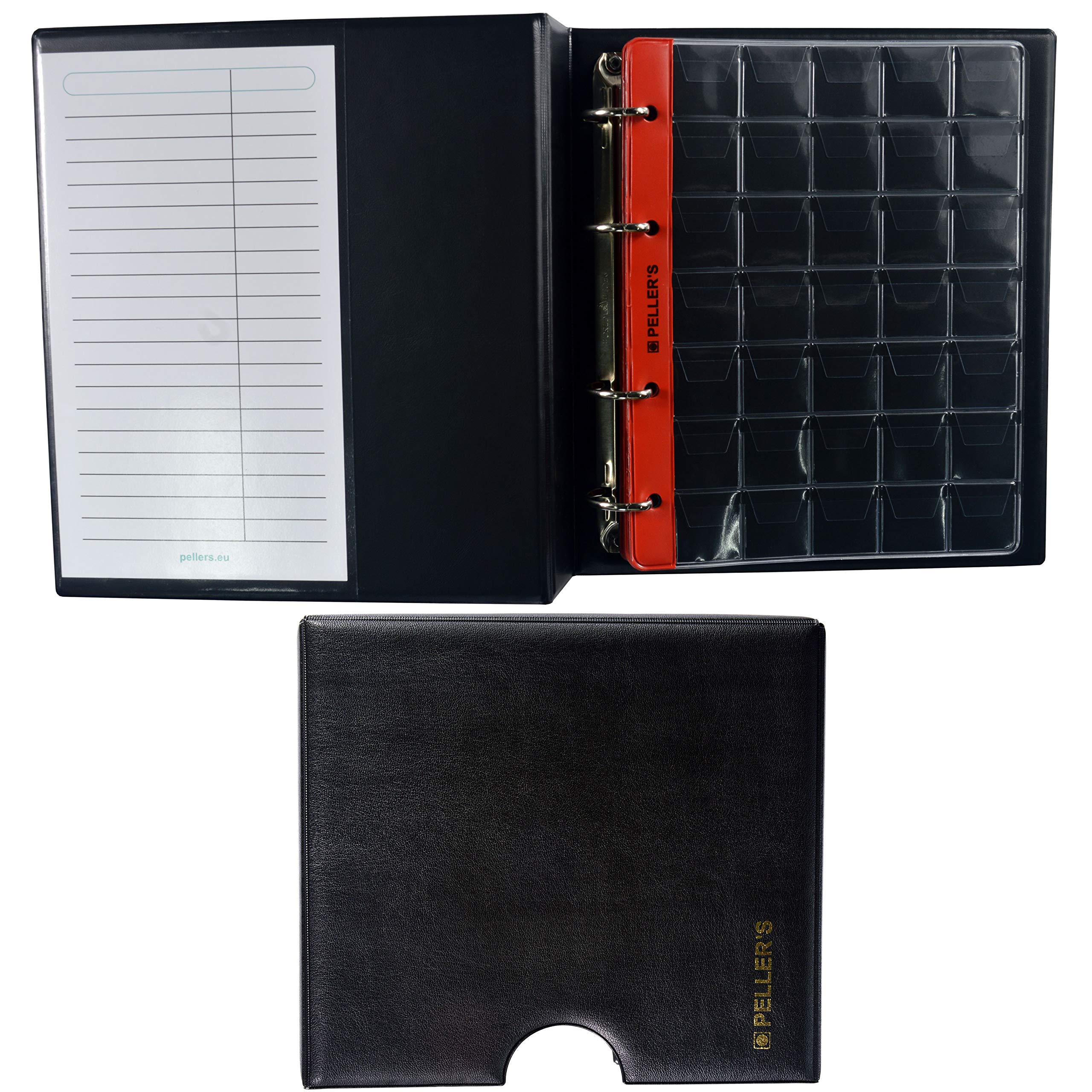 Collectors album in Slipcase for 350 coins: 10 Pages, pockets 27x27mm. Ideal for small coins up to 0.91" (23mm). Ringbinder Size M (Model M + Slipcase)