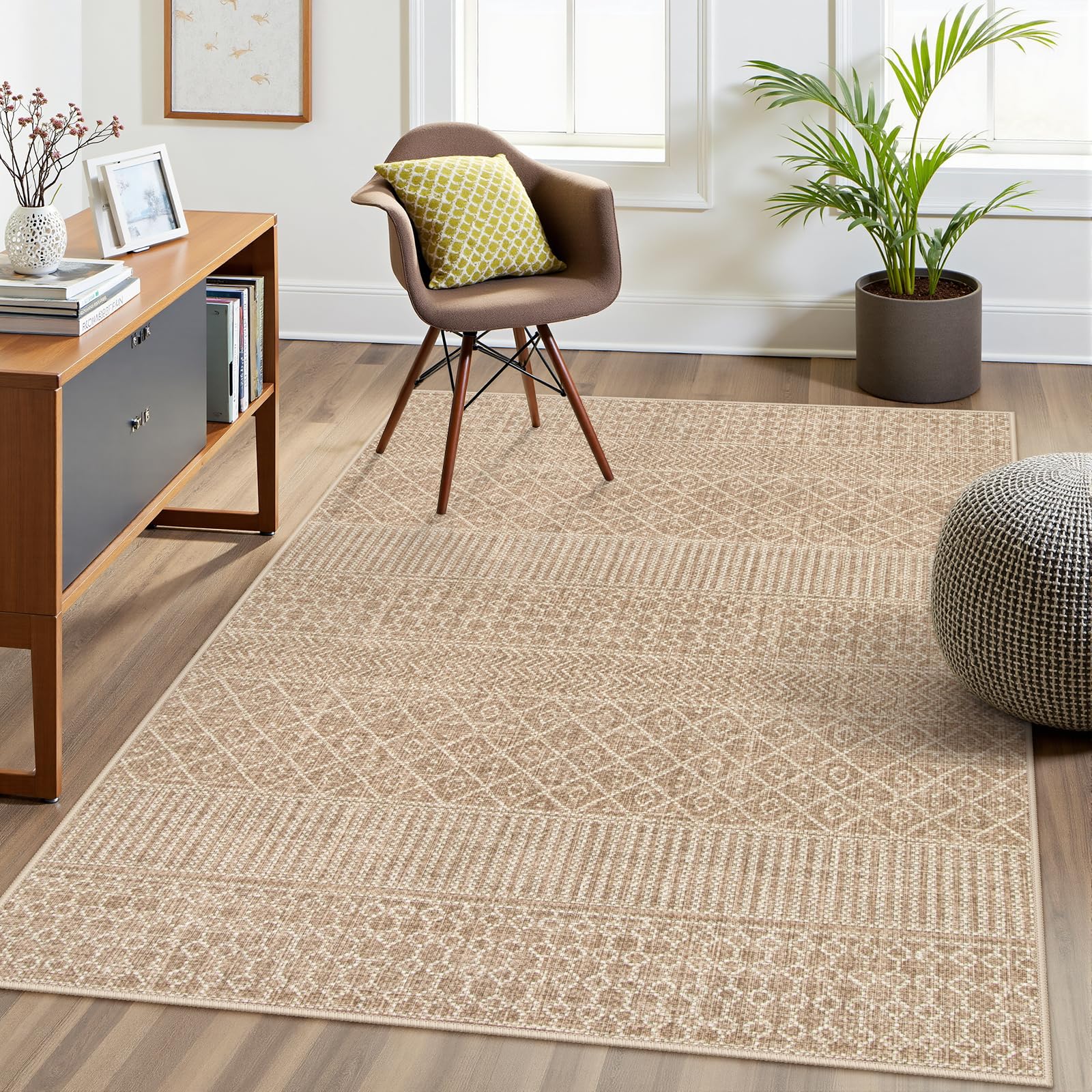 Photo 1 of Lahome Farmhouse Geo 3x5 Entry Rug Indoor Area Rugs, Washable Beige Kitchen Carpet Ultra-Thin Door Rug Non-Slip, Low-Pile Modern Geometric Laundry Room Mats Floor Carpet for Bedroom