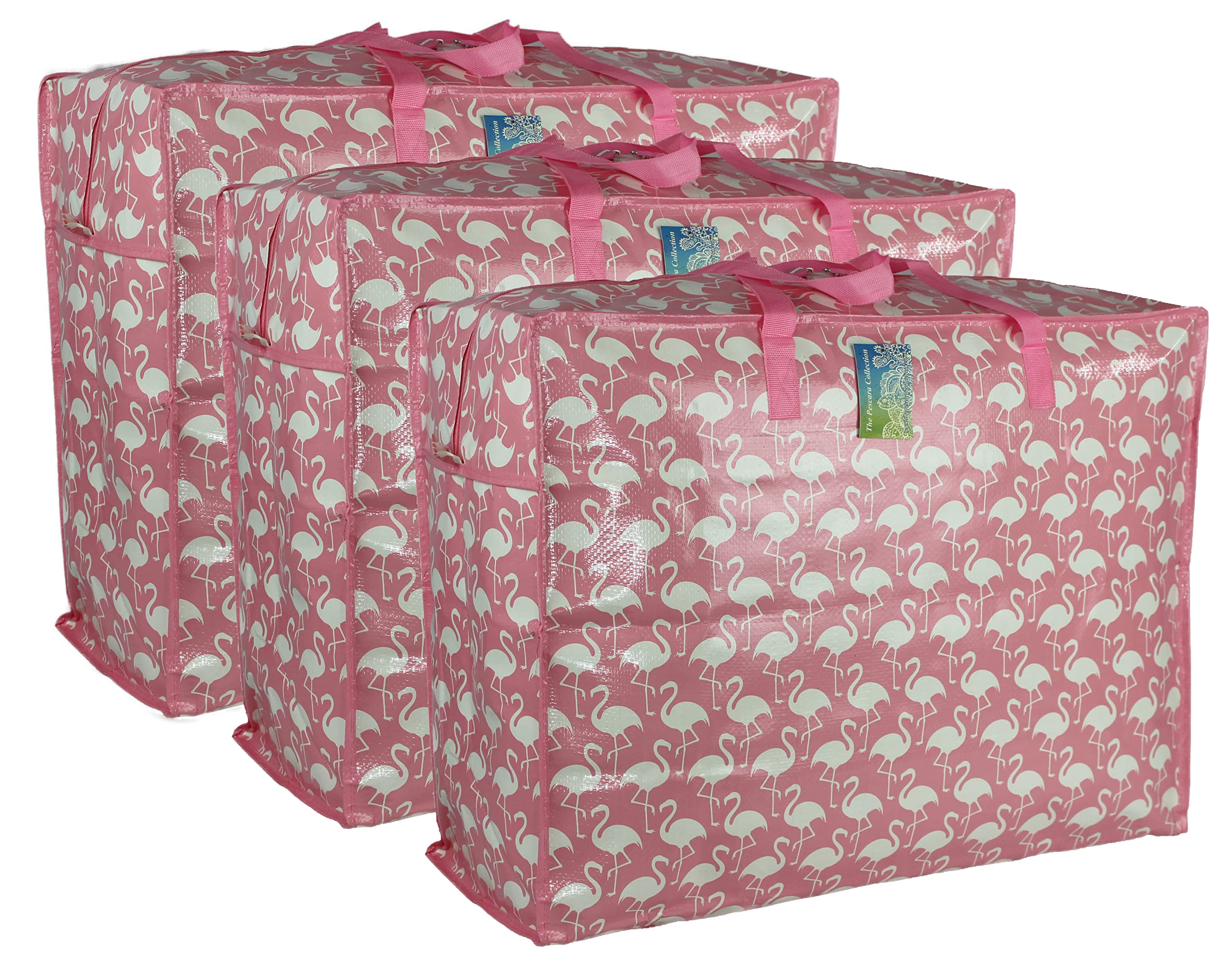 Pink flamingo print Extra Large Storage Bag Water & Dust Resistant. Double zipped. For toys, laundry, bedding. Underbed Wardrobe Space Saver (65 ltr 3x Pack)