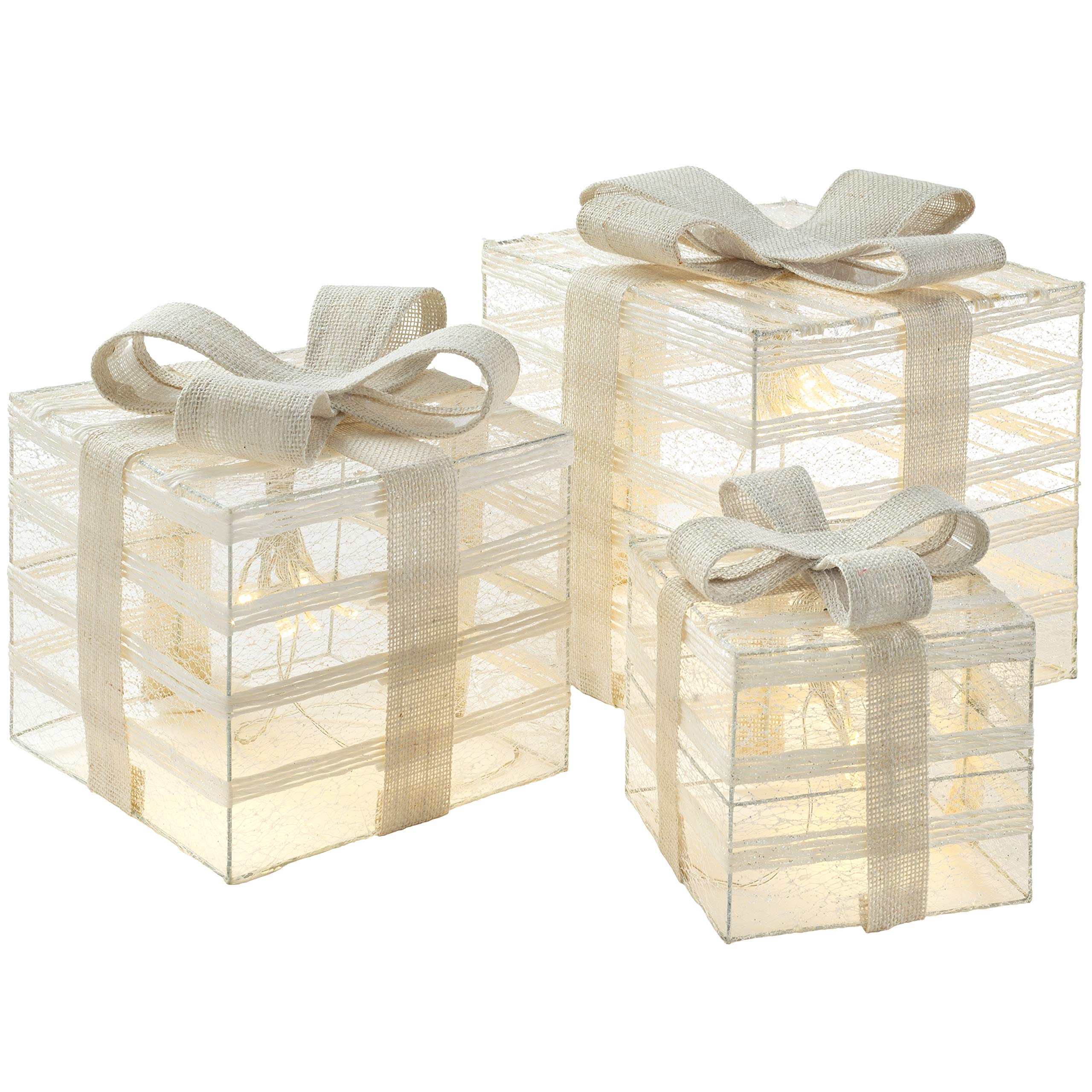 WeRChristmas Pre-Lit Paper String and Gauze Gift Box Set with 42 Warm LED Lights, 15/20/26 cm - White