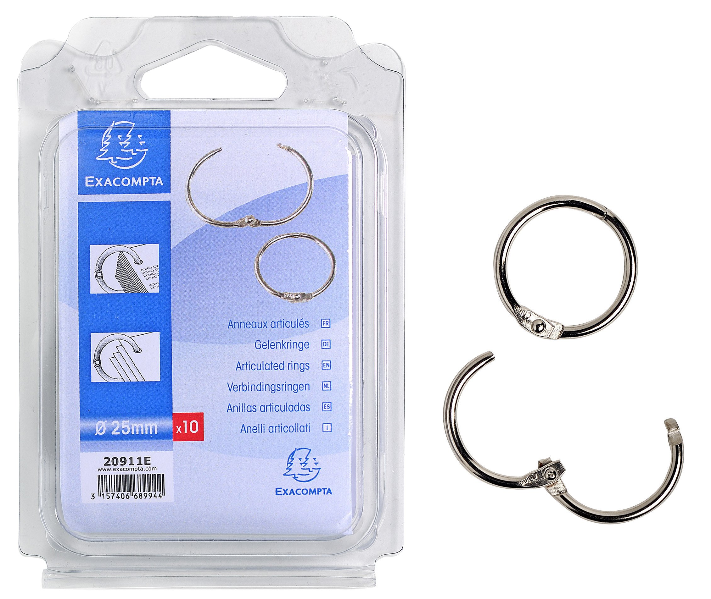 Exacompta - Ref 20911E - Metal Binder Rings (Pack of 10) - Suitable for Binding Punched Sheets of Paper Together, 25mm Diameter, Hinge Opening, Made from Metal