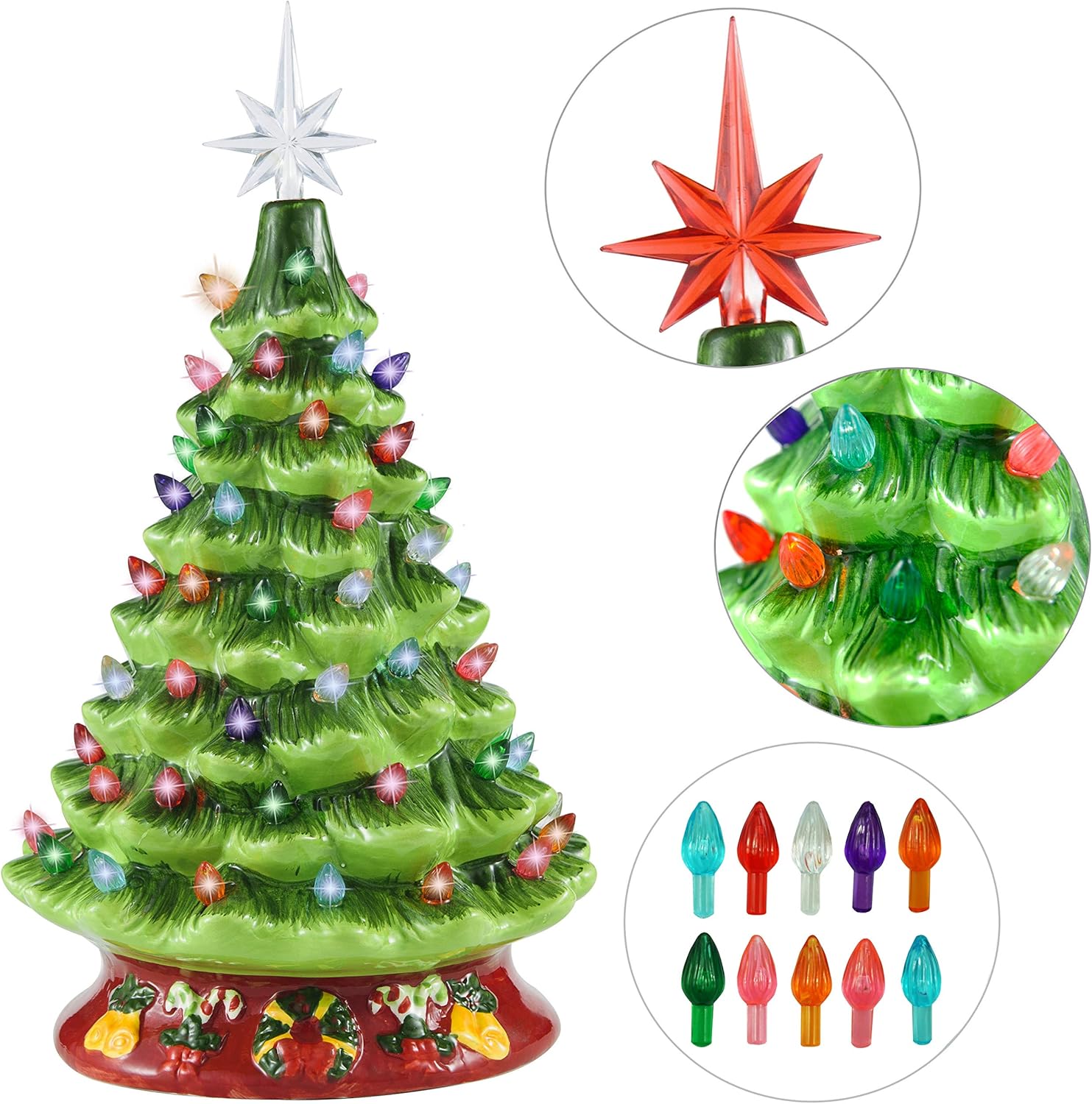 Joiedomi 15&rdquo; Ceramic Christmas Tree with Red Base, Prelit Xmas Tree with Extra Red Star Topper for Home and Office Tabletop Decoration