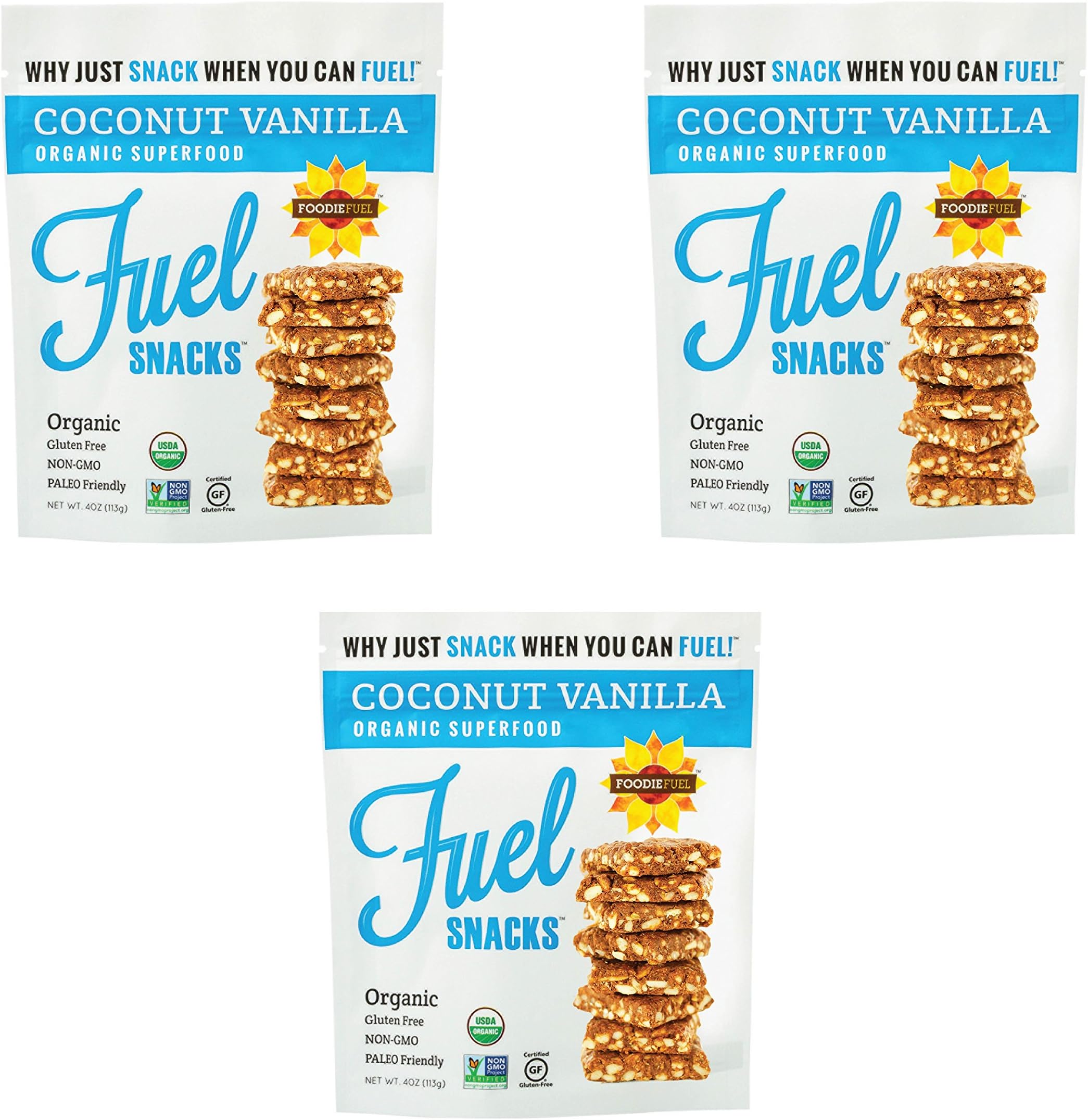 Foodie Fuel Snacks Coconut Vanilla, 4 Ounce Bag (3 pack), Paleo Snack Made with Sunflower Seeds Pumpkin Seeds Flax Seeds, Non-GMO Certified Organic Gluten Free Paleo-Friendly Vegan