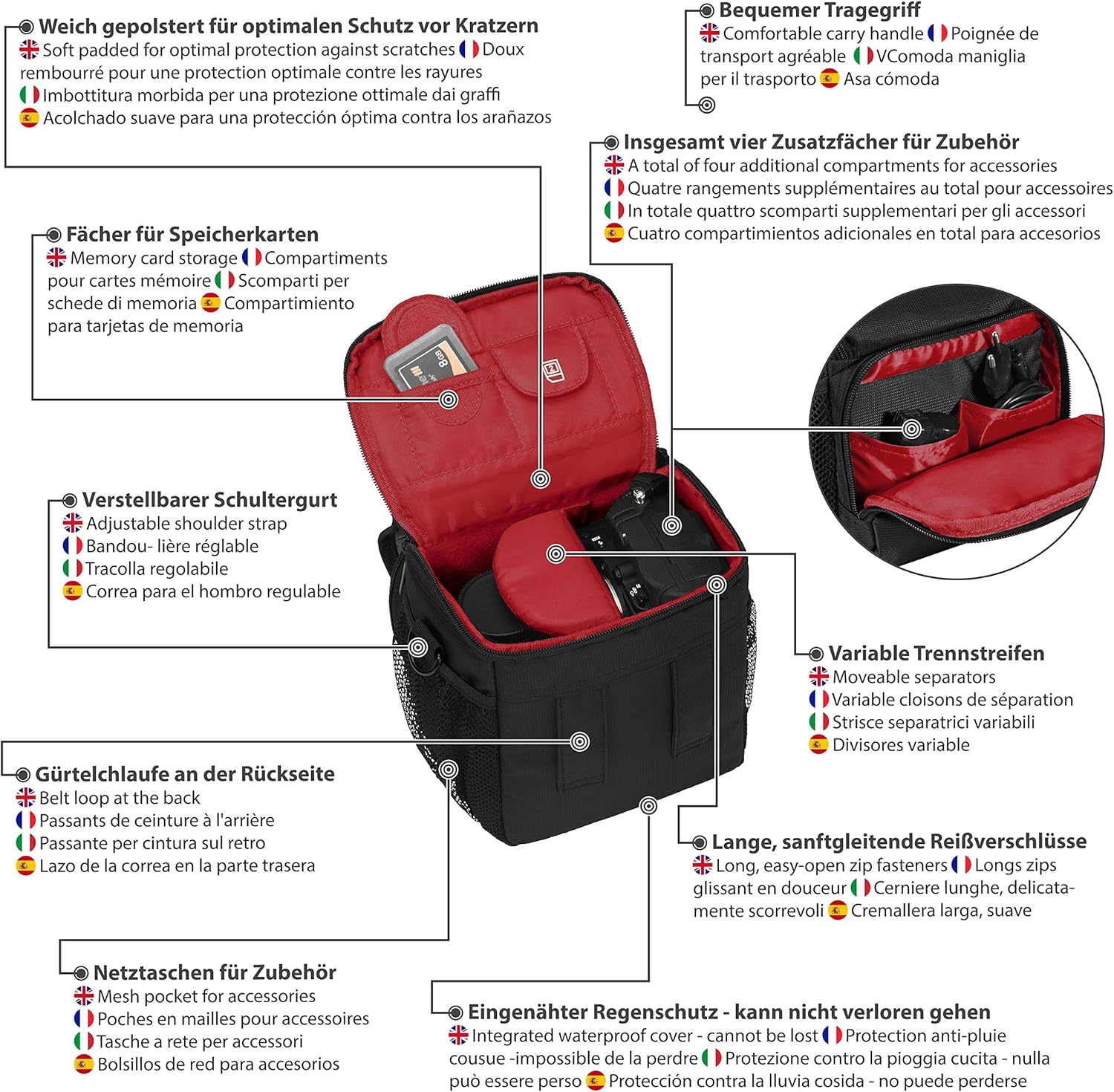 PEDEA DSLR camera bag "Essex" Camera bag for SLR cameras with waterproof rain cover carrying strap and accessory compartments - Image 5
