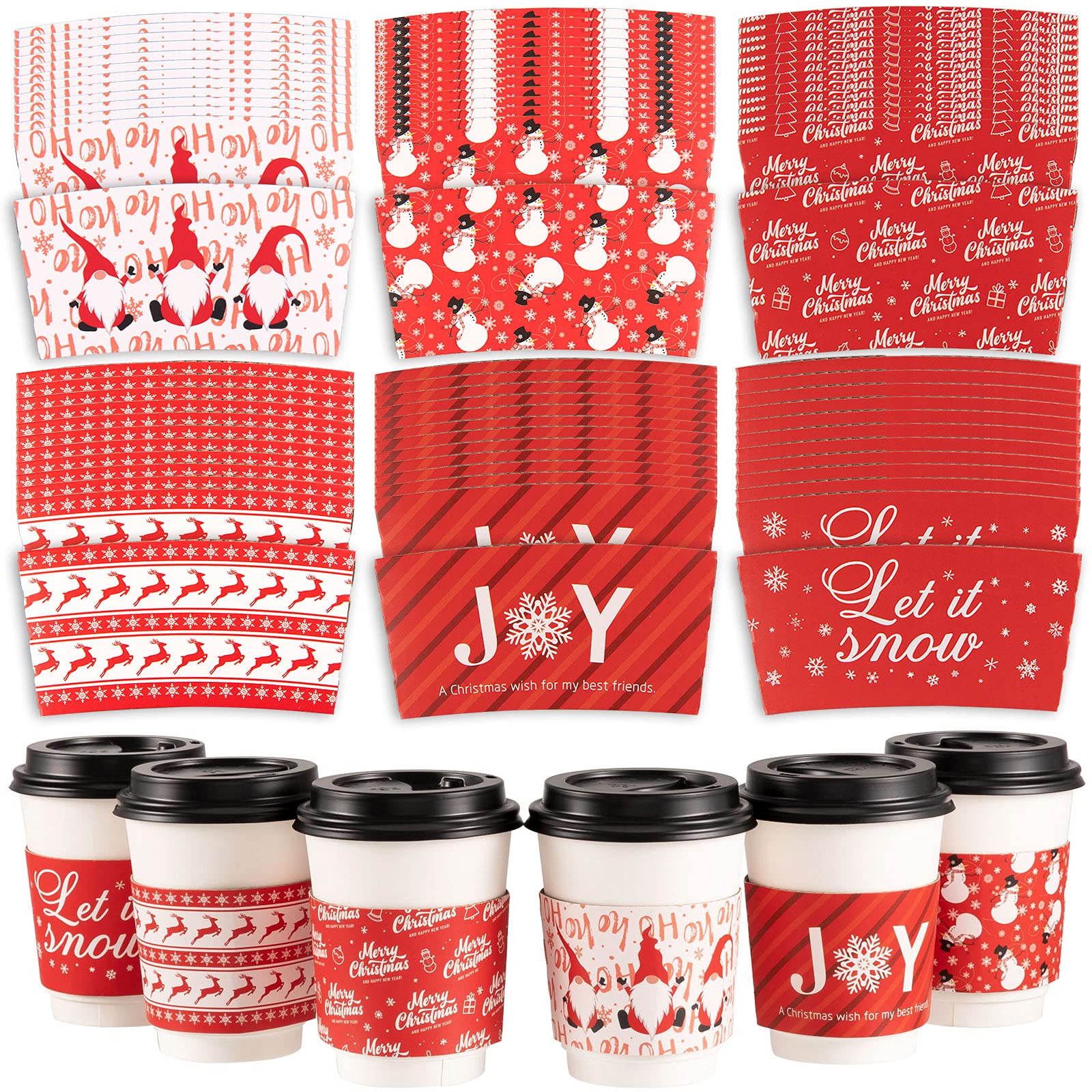 Whaline 30 Pack Christmas Coffee Tea Cup Sleeves Red Double-Layer Paper Sleeves for 12 and 16oz Paper Cup Disposable Snowman Santa Cup Paper Jacket for Hot Chocolate Cocoa Cold Beverage, 6 Design