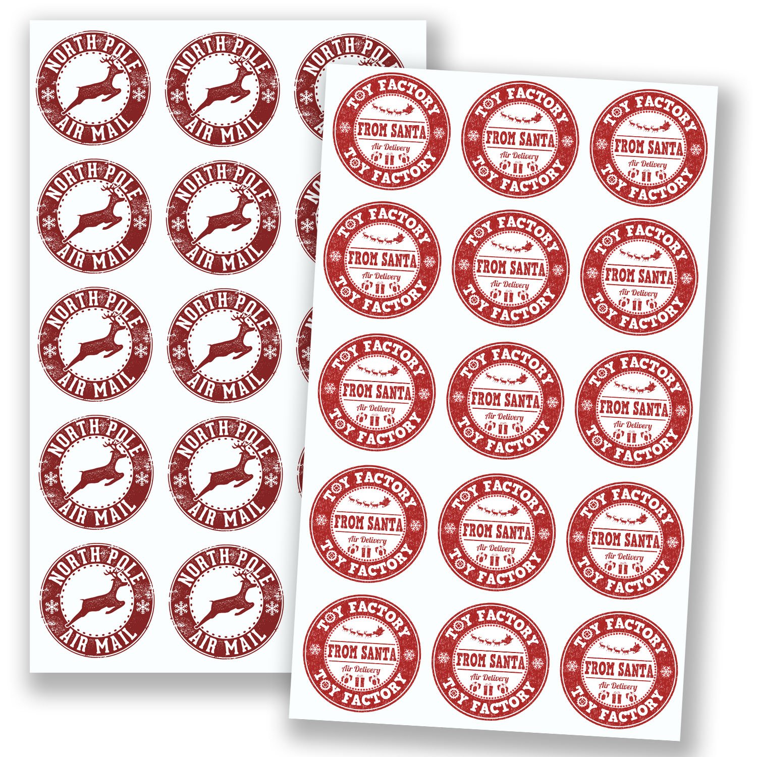 2 x A4 Sheets - North Pole Air Mail & Santa Toy Factory Stickers Christmas #6604 (A4 Sheet - 5cm x 5cm Stickers)