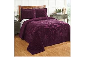 Better Trends 1 Piece Bedspread 100% Cotton Chenille Bedspreads Coverlet Luxurious Medallion Pattern Bedspread Queen Size 102" X 110" Soft Lightweight Plum Tufted All Season Bedding Ashton Collection