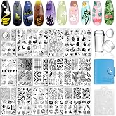 Biutee Nail Stamping Plates Set 15PCS Nail Stamping Kit with Nail Stamper | Nail Stamp Kit with Scraper, Lace Flower Butterfly Halloween Christmas Designs Nail Art Stencils for Manicure Salon Home DIY
