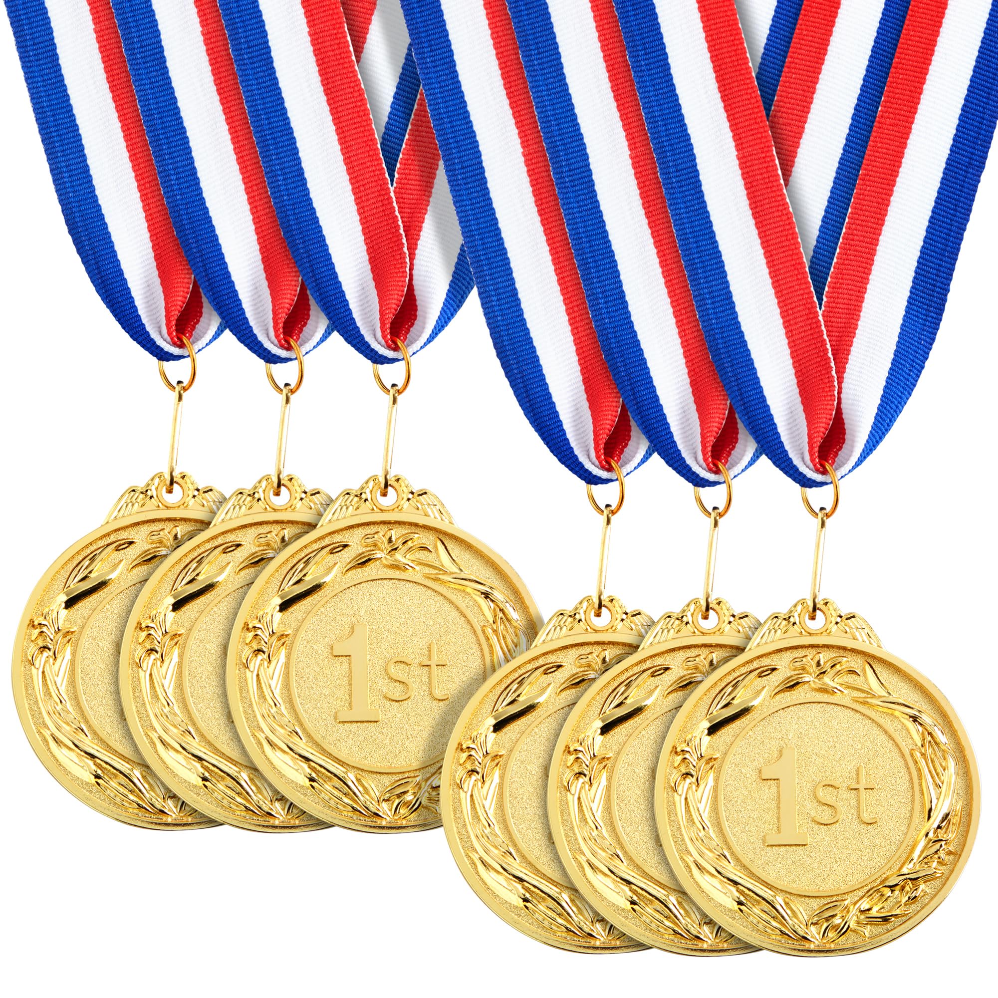 Juvale 6-Pack Gold Round Metal 1st Place Medals for All Ages, Participation Awards with 40.6cm Ribbon for Sports, Tournaments, Competitions, Educational Awards (Zinc Alloy, 63mm)