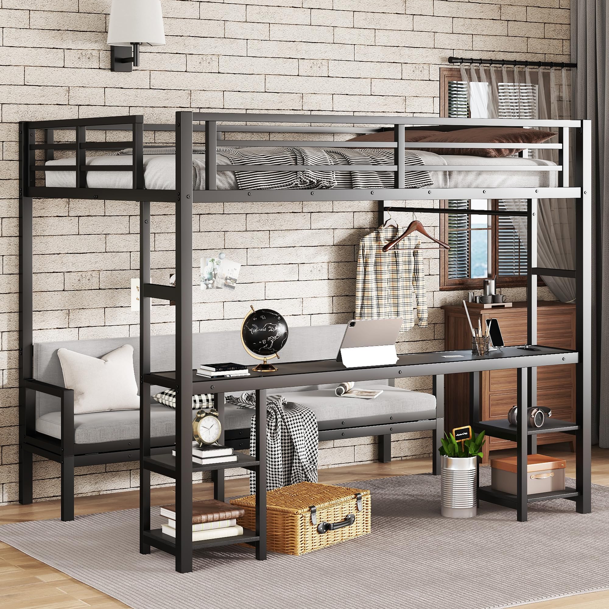 Photo 1 of *** PARTS ONLY - PARTIAL SET ** Bellemave Futon bunk Bed Twin XL Over Queen, Queen loft Bed with futon and Desk and Shelves, loft Bed with Des Kand LED and USB, Black