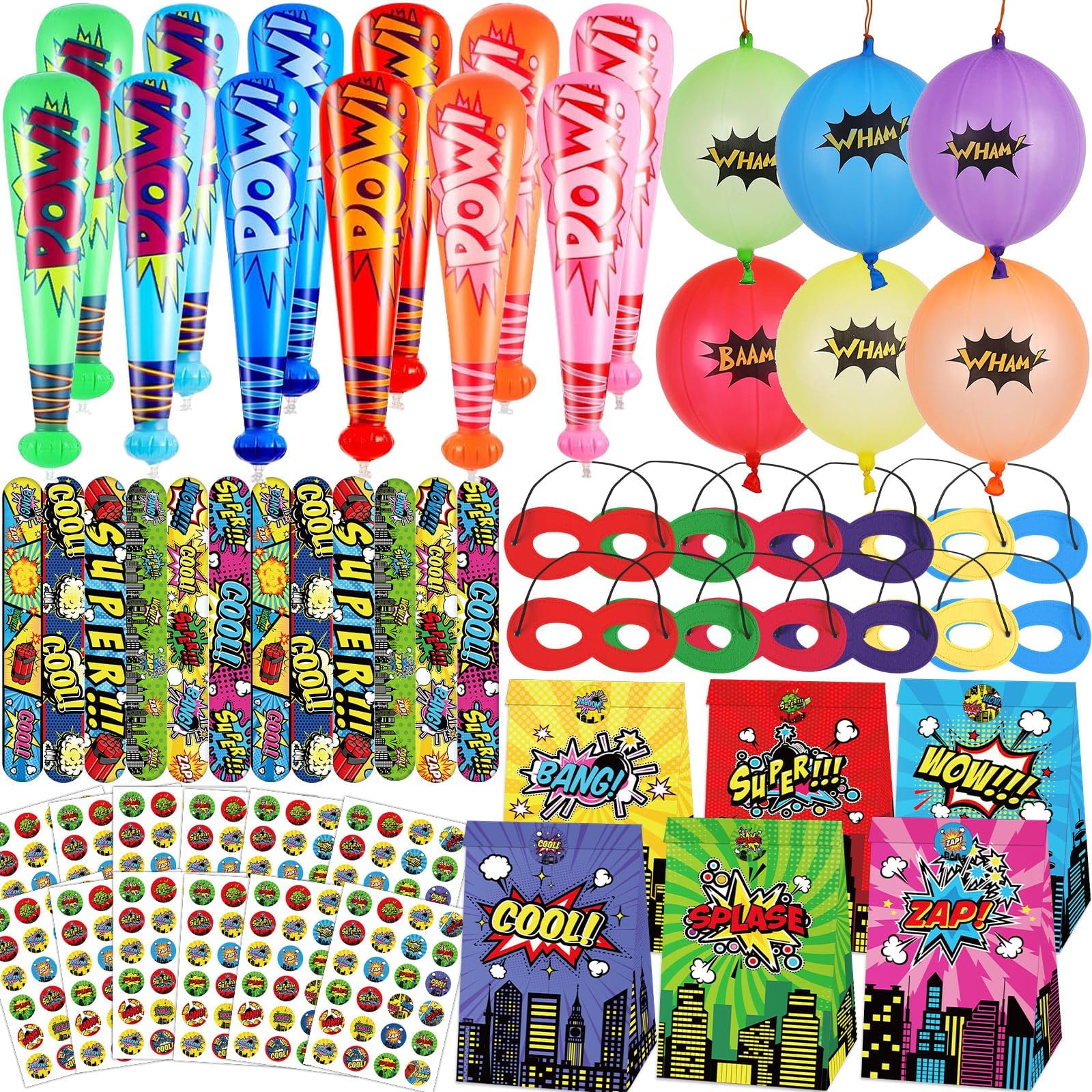 Photo 1 of 12Sets Hero Themed Super Party Favors with Inflatable Bat Paper Gift Bag Balloon Slap Bracelet Hero Eye Mask Sticker Comic Hero Theme Party Supplies for Birthday Classroom Game Activities