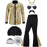 Lydoesy 70s Disco Outfit for Men 70s Costume with Retro Shirt Bell Bottom Pants Wig Sunglasses Necklace Mustache