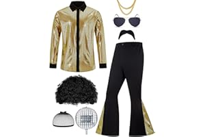 Lydoesy 70s Disco Outfit for Men 70s Costume with Retro Shirt Bell Bottom Pants Wig Sunglasses Necklace Mustache