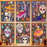87PCS Dia de Los Muertos Decor, Day of the Dead Window Clings for Home Shop | 9 Sheets, PVC, Sugar Skull, Marigold, Colorful, Double-Sided, Waterproof, Reusable, Smooth Surface, Mexican Party Decorations