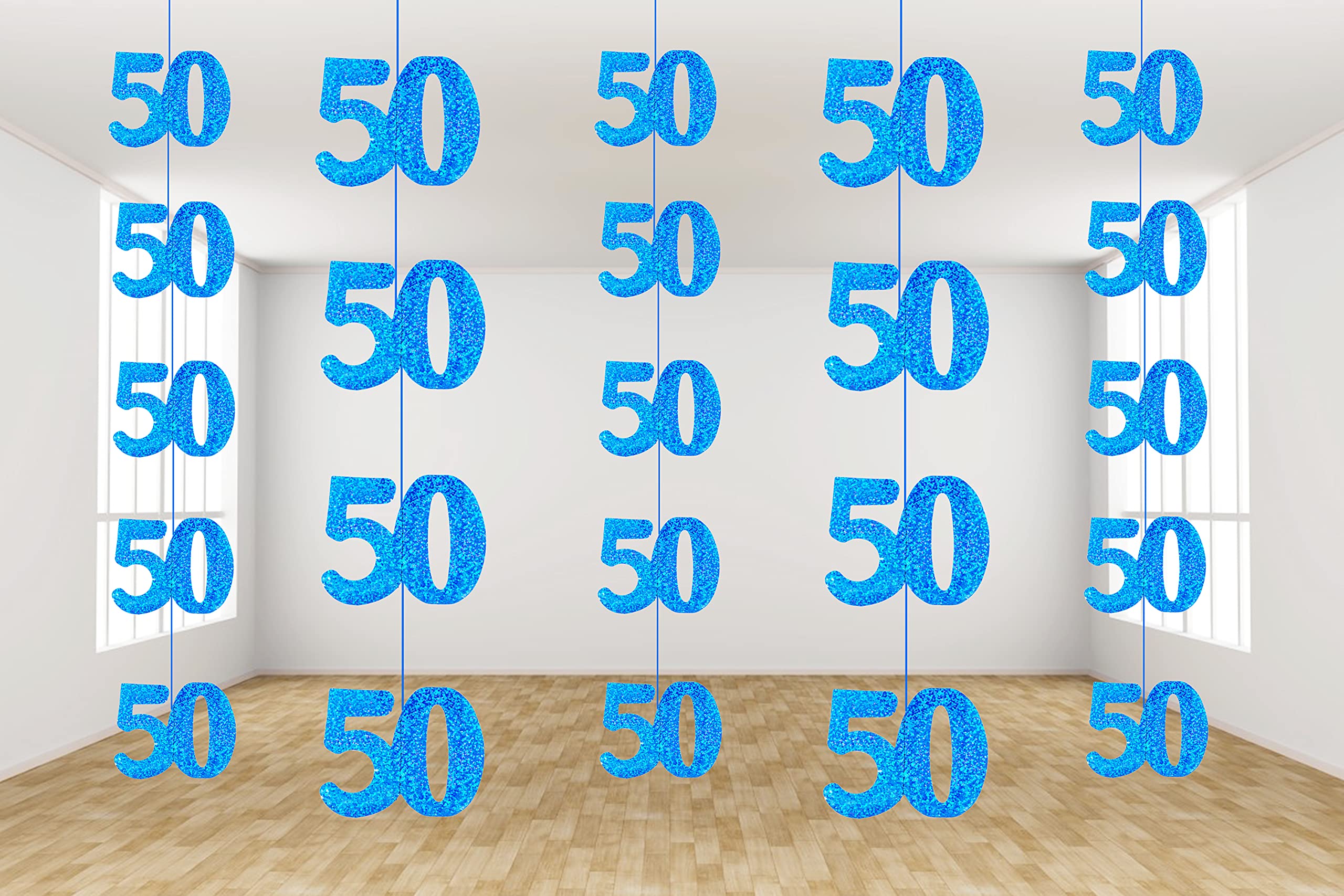 50th Glitz Blue Anniversary Birthday Metallic Hanging String Shiny Foil Banner Party Door Wall Decorations Pack of 6