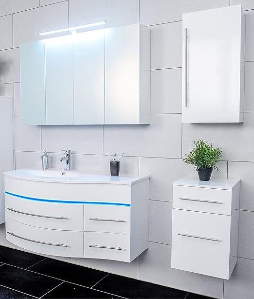 Sam 4tlg Design Badmobel Set 110 Cm Links Hochglanz Weiss Led Beleuchtung In Blau Bad Set Mit Softclose Funktion Waschplatz Mit Mineralgussbecken Hangeschrank Unterschrank Und Spiegelschrank Amazon De Kuche Haushalt