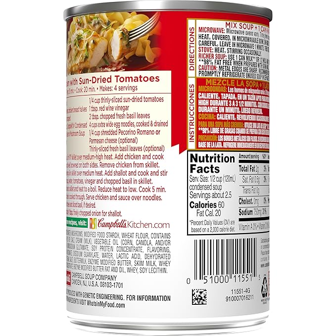 Campbells Condensed 98% Fat Free Cream of Mushroom Soup, 10.5 oz. Can (Pack of 12)