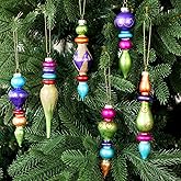 Teenyyou 6 Pcs Large 7.1inch Christmas Finials Glass Vintage Ornament Glass Finial Christmas Hanging Ornaments for Holiday Xmas Tree Decoration