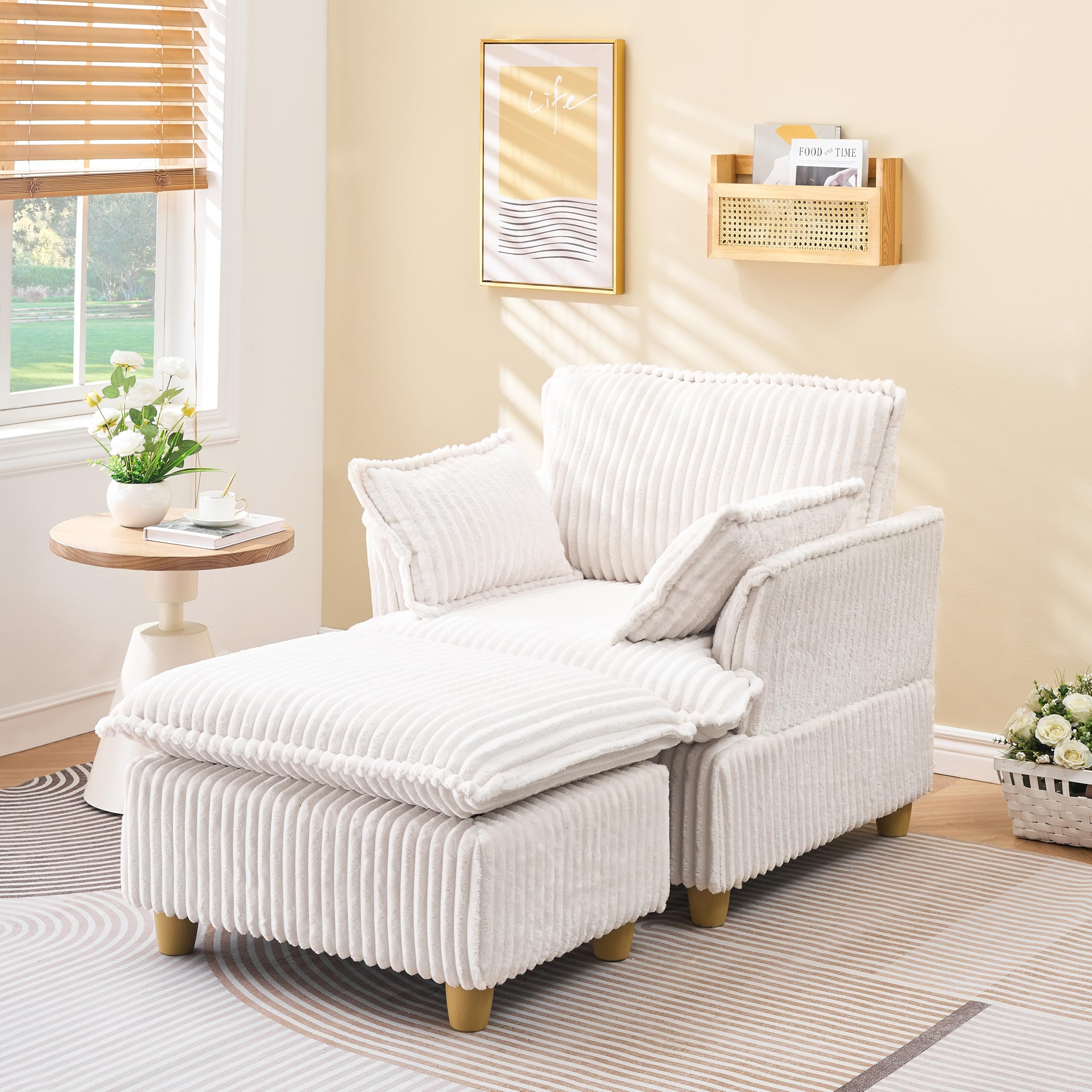 Photo 1 of KEIKI Single Seat Chair Chaise Lounge, Wide Corduroy Sofa Chair with Ottoman, Corduroy Sleeper Couch for Living Room, Apartment, Salon, Home Theater, Beige