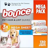Bounce Pet Hair and Lint Guard Mega Dryer Sheets with 3X Pet Hair Fighters, Unscented, 130 Count