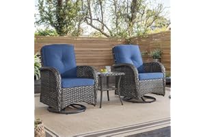 HUMMUH Outdoor Swivel Chairs,3 Pieces Patio Furniture Set with 360 Degree Wicker Swivel Rocking Chairs and Side Table for Garden,Porch,Backyard (Brown/Blue)