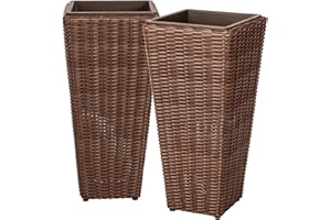 Balkene Home 62501 Alto Wicker All-Weather Planter Set with Liners Tall Plant Decor Box for Outdoors Patio Herb Garden Furnishings - Mocha - Pack of 2