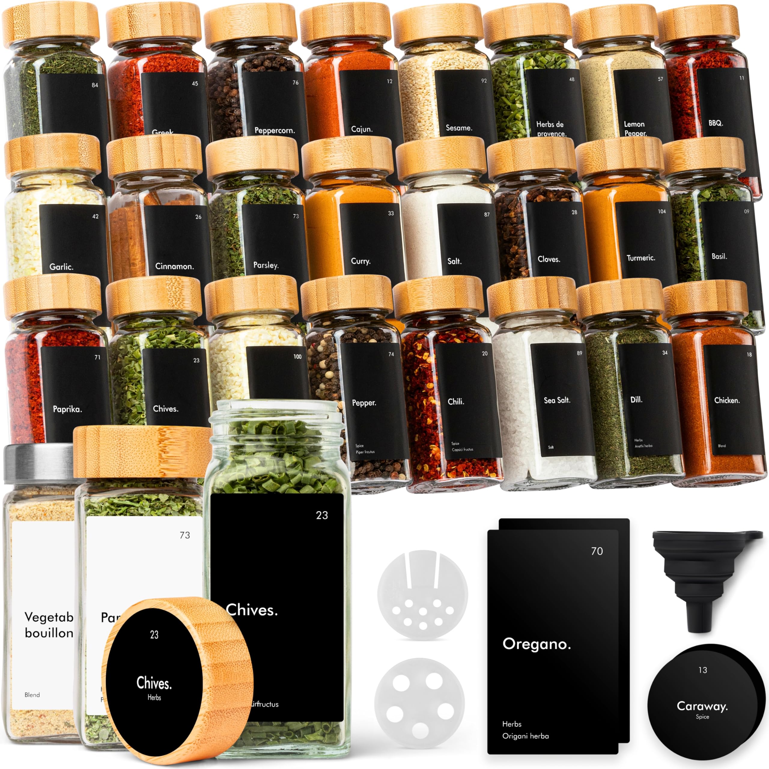 KIVY Spice Jars with Labels [24x 4oz] Glass Seasoning Containers with Airtight Lids for Organization - Empty Square Bottles for Spices & Seasonings with Shaker Lids - Spice Containers Wood Bamboo Image