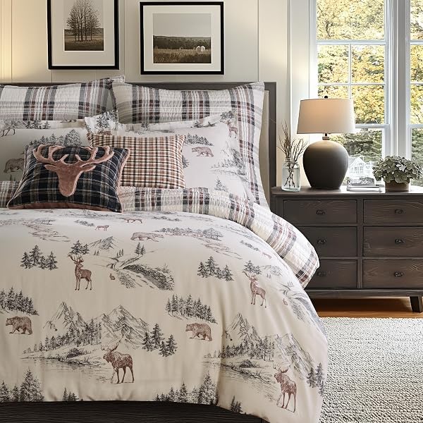 LEVTEX HOME – LODGE TOILE COMFORTER SET – KING COMFORTER (106 X 94IN.) TWO KING PILLOW CASES (36 X 20IN.) – TOILE – BROWN IVORY CHARCOAL – COTTON