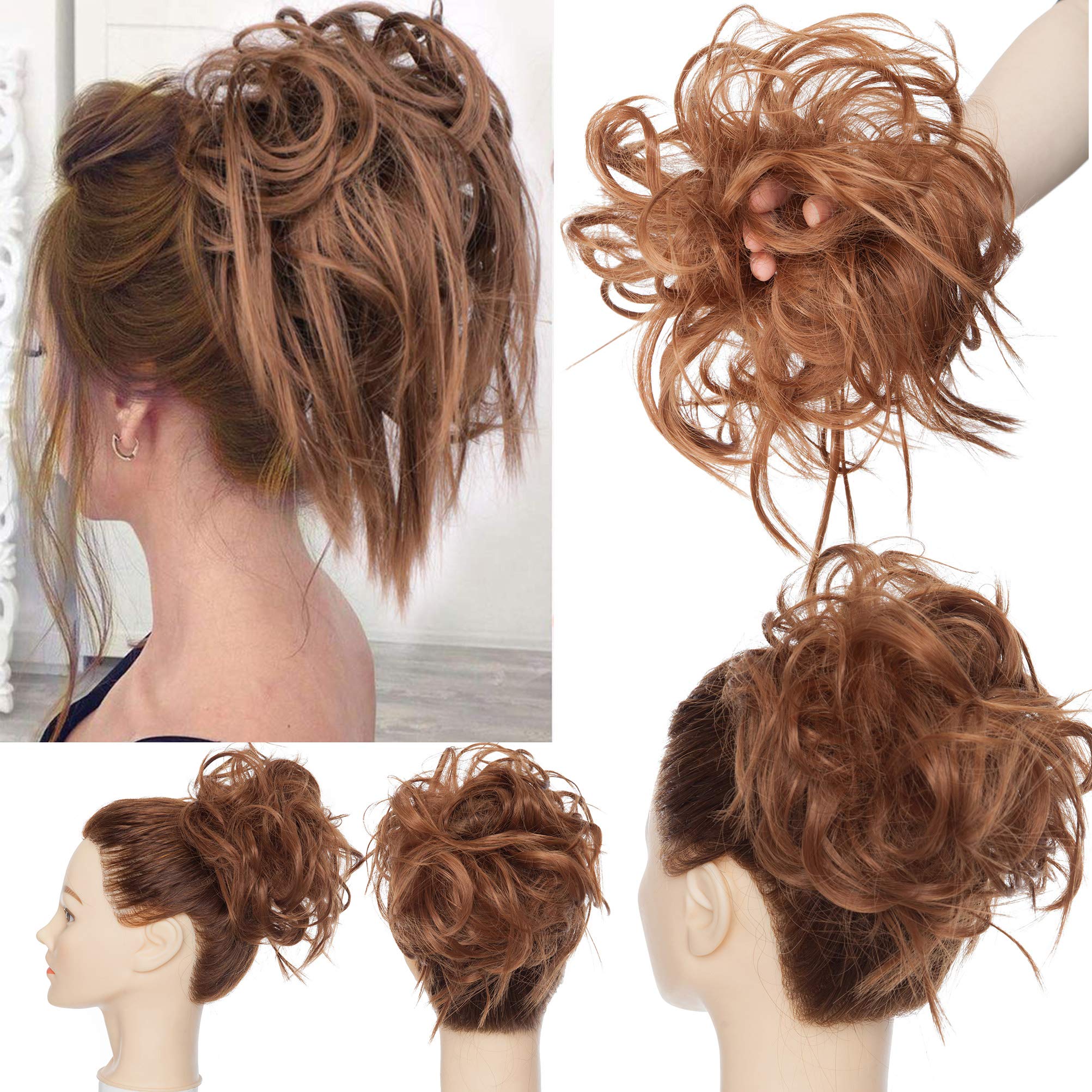 Tousled Updo Messy Bun Hair Piece Scrunchies Hair Synthetic Wavy Bun Extensions Fluffy Updo Scrunchy Chignon with Elastic Rubber Band Wrap on Donut Ponytail Hairpieces Light Auburn