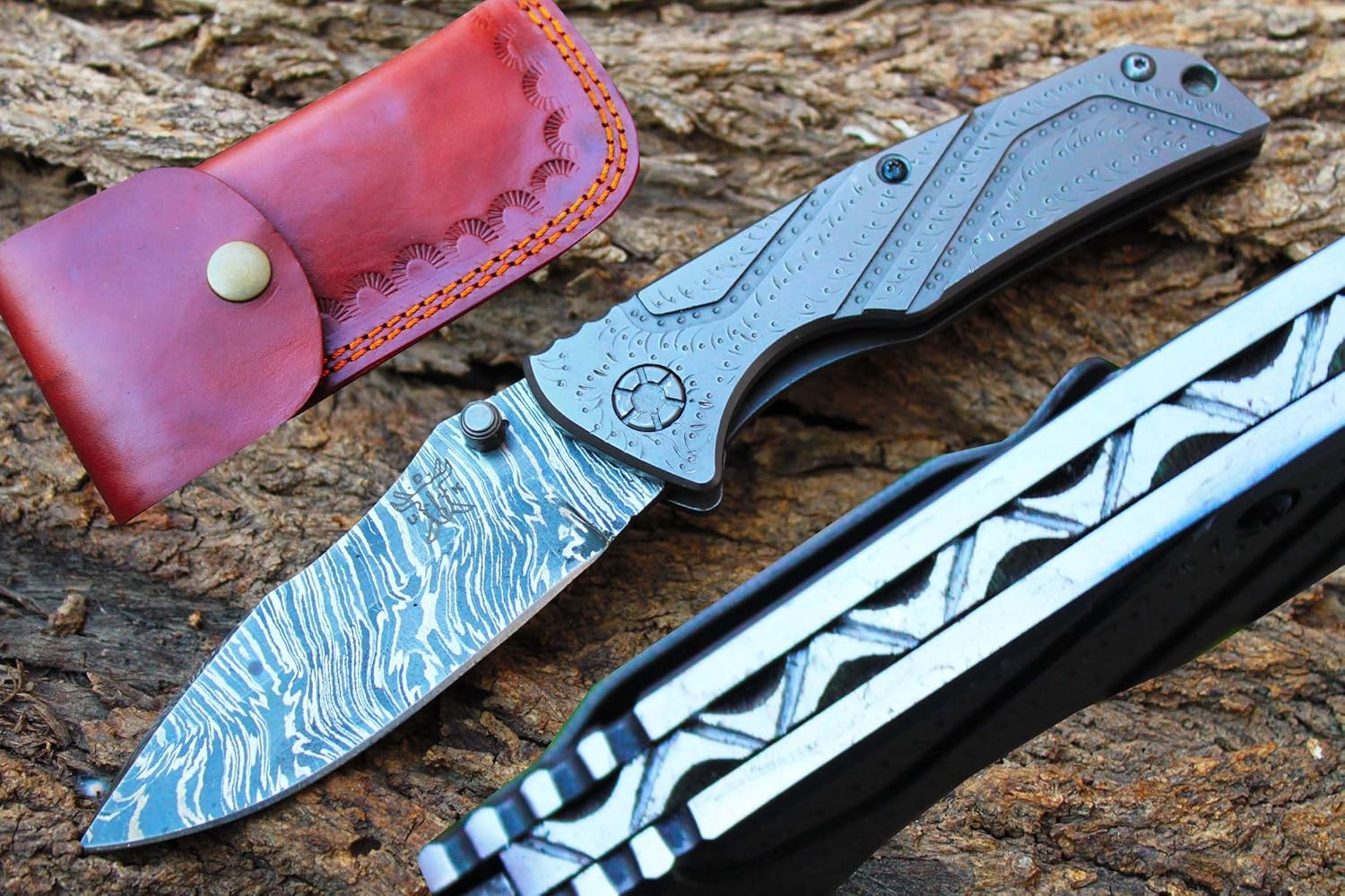 3.3"Damascus Blade Folding Knife w/Easy Liner Lock, Custom