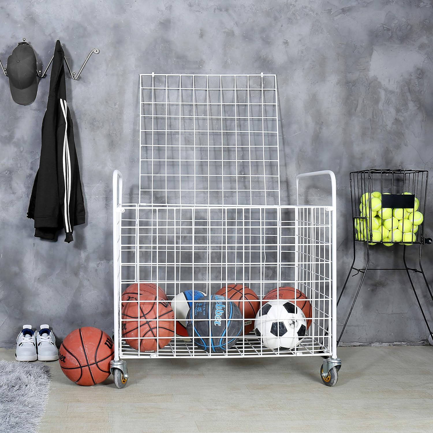 MyGift Black Metal Rolling Multi Sports Ball Storage Hopper & Basketball, Football, Soccer Equipment Cart: Sports & Outdoors