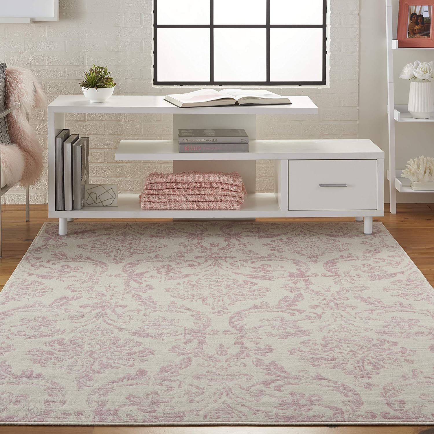 Nourison JUB09 Jubilant Vintage Damask Ivory/Pink Area Rug 5'3" x 7'3", 5' x 7'
