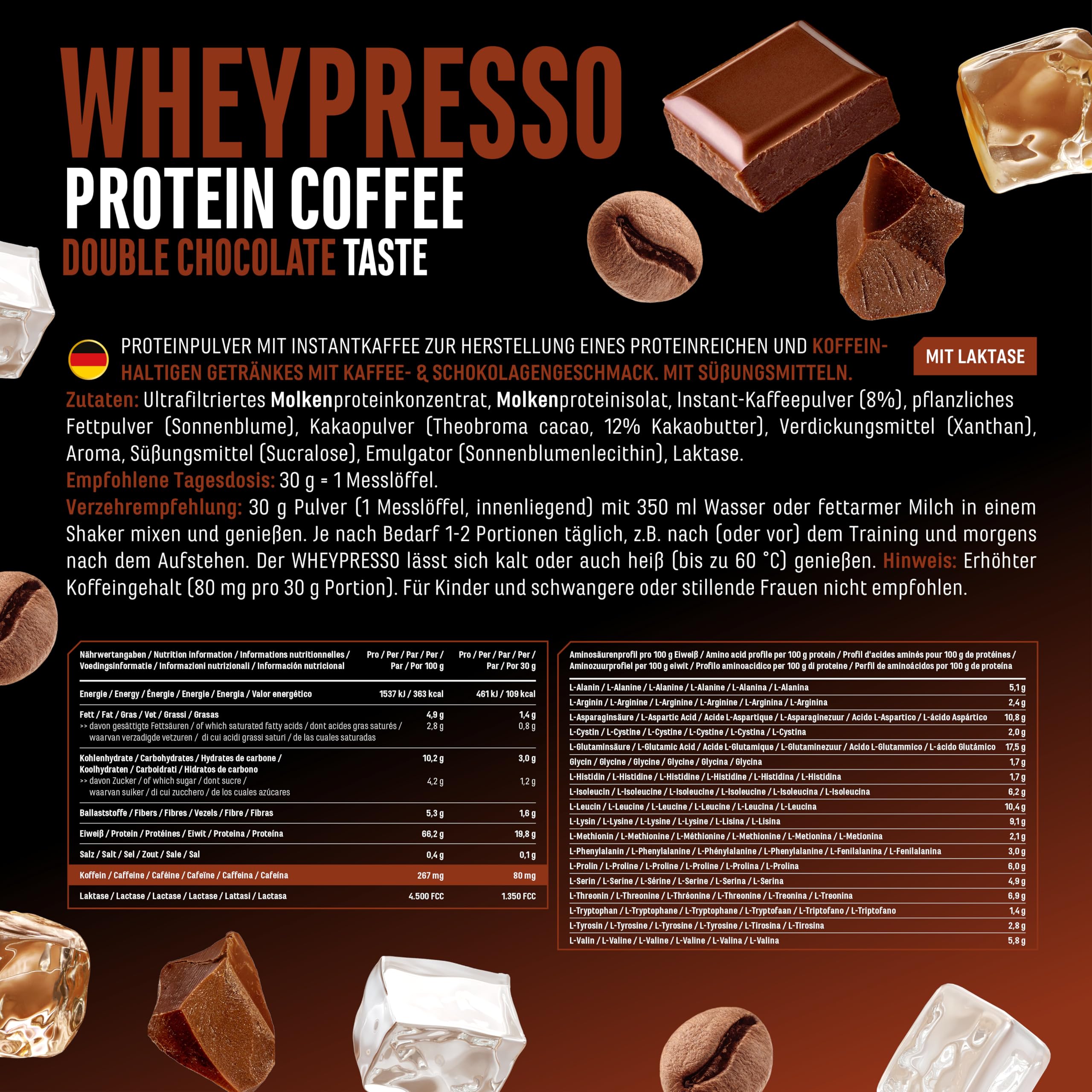 Wheypresso Protein Coffee - Eiweiß-Pulver mit Whey-Konzentrat & Isolat - Mit echtem Kaffee & Koffein - Cremiger High Protein Drink - (908 g, Double Chocolate Flavour) 4