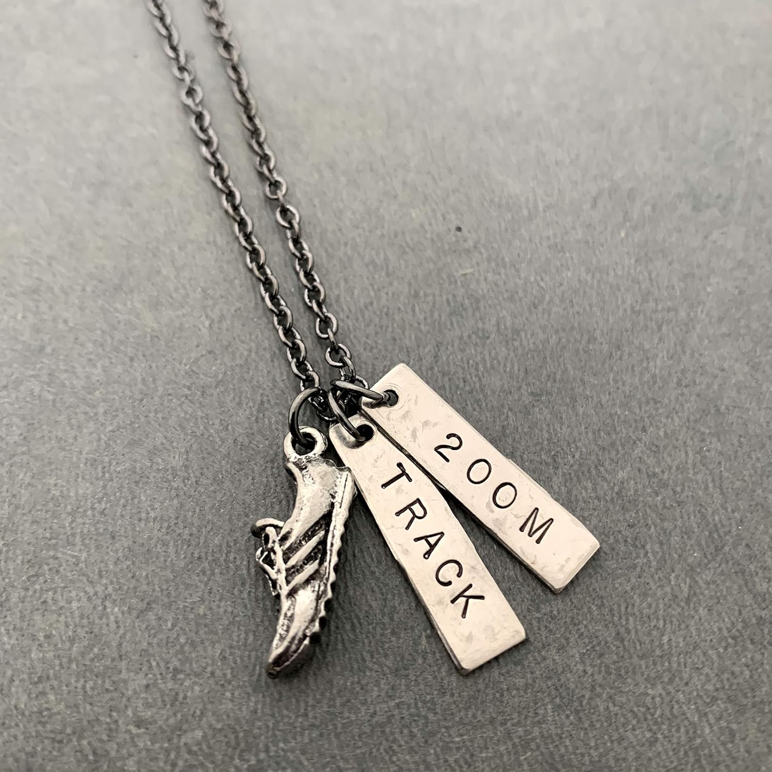 RUN TRACK 200M Necklace - Pewter Running Shoe Charm and 2 Hand Hammered Nickel Silver Pendants Hand Stamped with TRACK and 200M on 18 inch Gunmetal Chain - Track 200 Meter Race