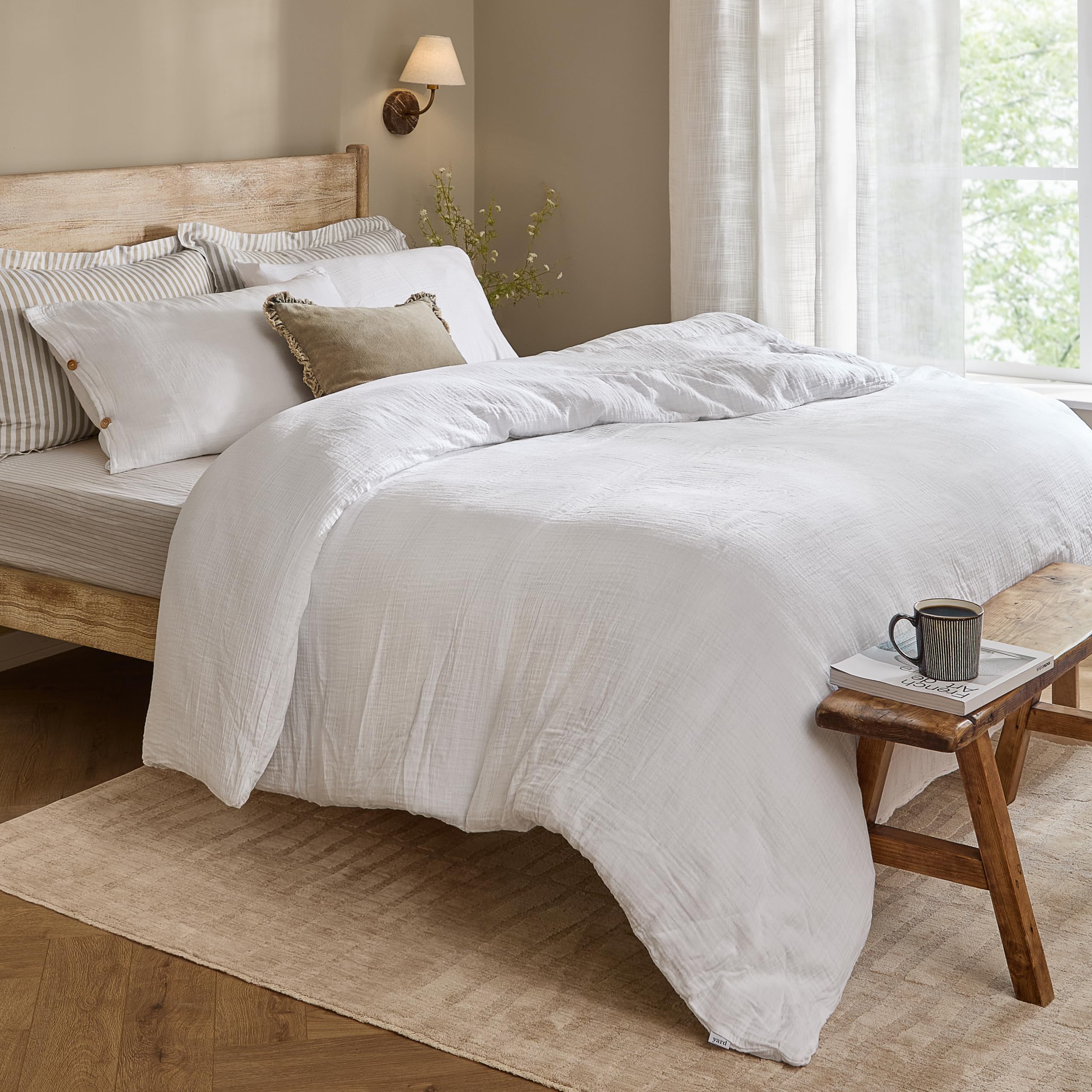 Yard furn Lark Cotton Muslin Duvet Cover Set - Soft Crinkle Texture Bedding (White - Single)