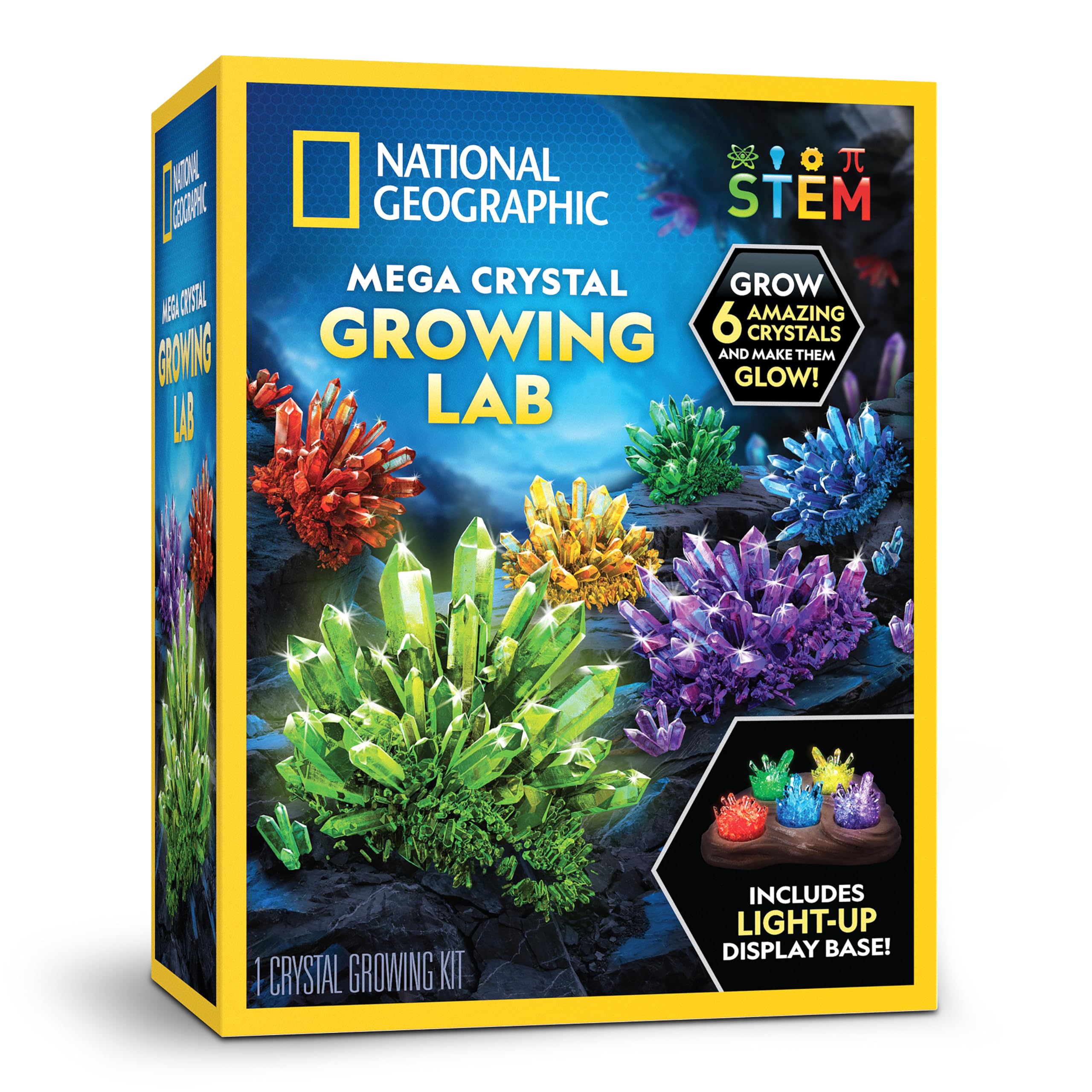NATIONAL GEOGRAPHIC Mega Crystal Growing Kit for Kids- Grow 6 Crystals + Light-Up Stand, Science Gifts, Crystal Making, Science Kit for Girls & Boys