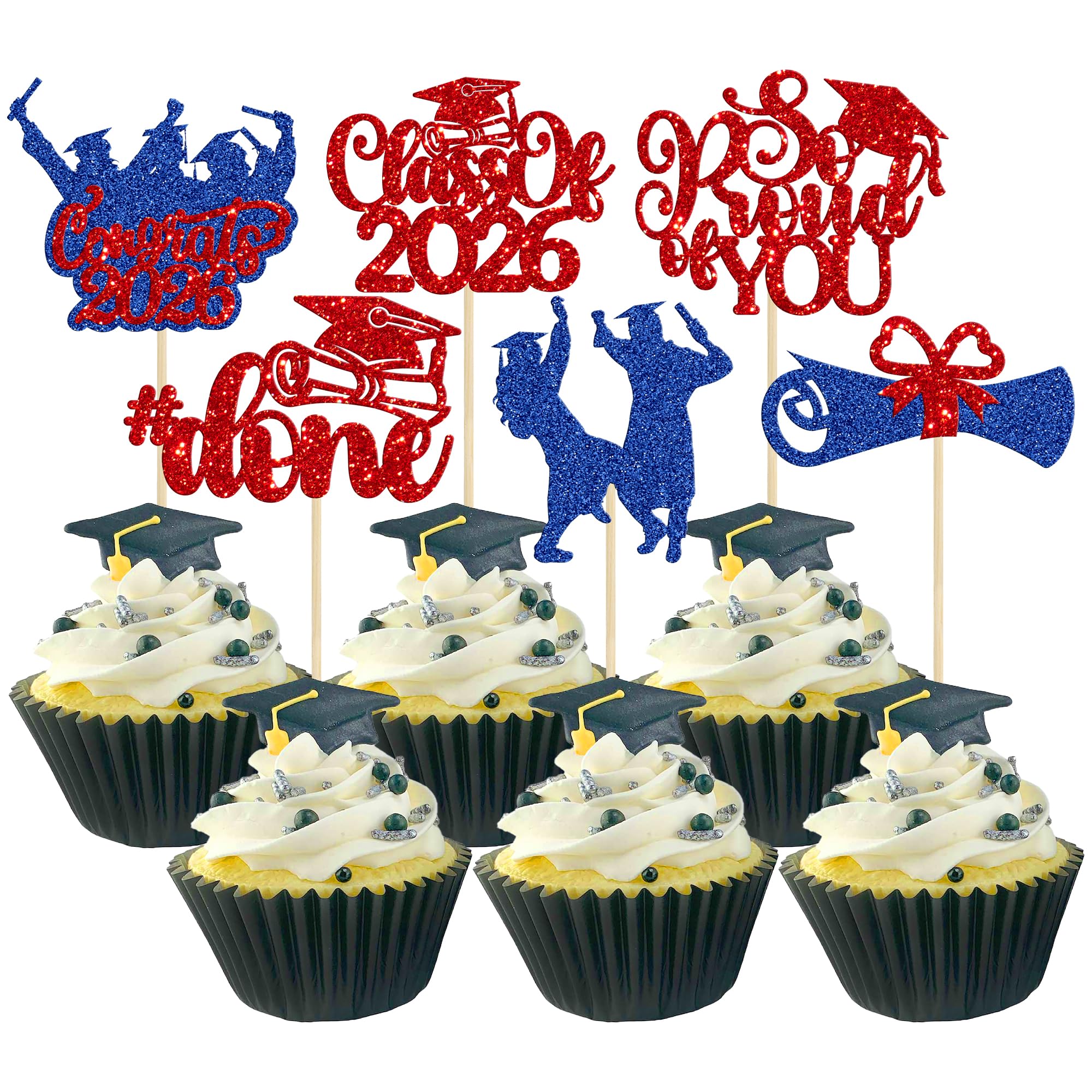Gyufise 24Pcs 2026 Graduation Cupcake Toppers Glitter Class of 2026 Diploma Congrats Grad 2026 Cake Decorations Cap Cupcake Picks 2026 Graduation Theme Party Cake Decorations Supplies Red Blue — image 1