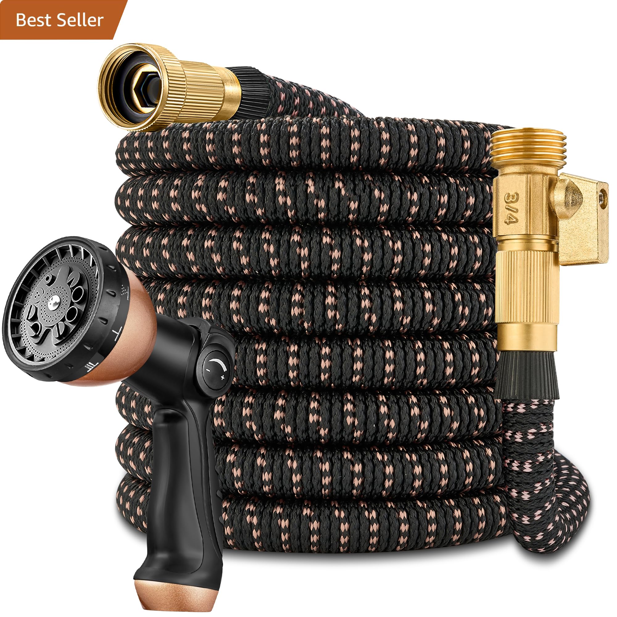 Photo 1 of 100ft Garden Hose – 2025 Upgarded Expandable Garden Hose w/10 Pattern Thumb Spray Nozzle, 650psi Pure Brass 3/4” Fittings – Lightweight, Durable, and Kink-Free(Black Rose Gold)
