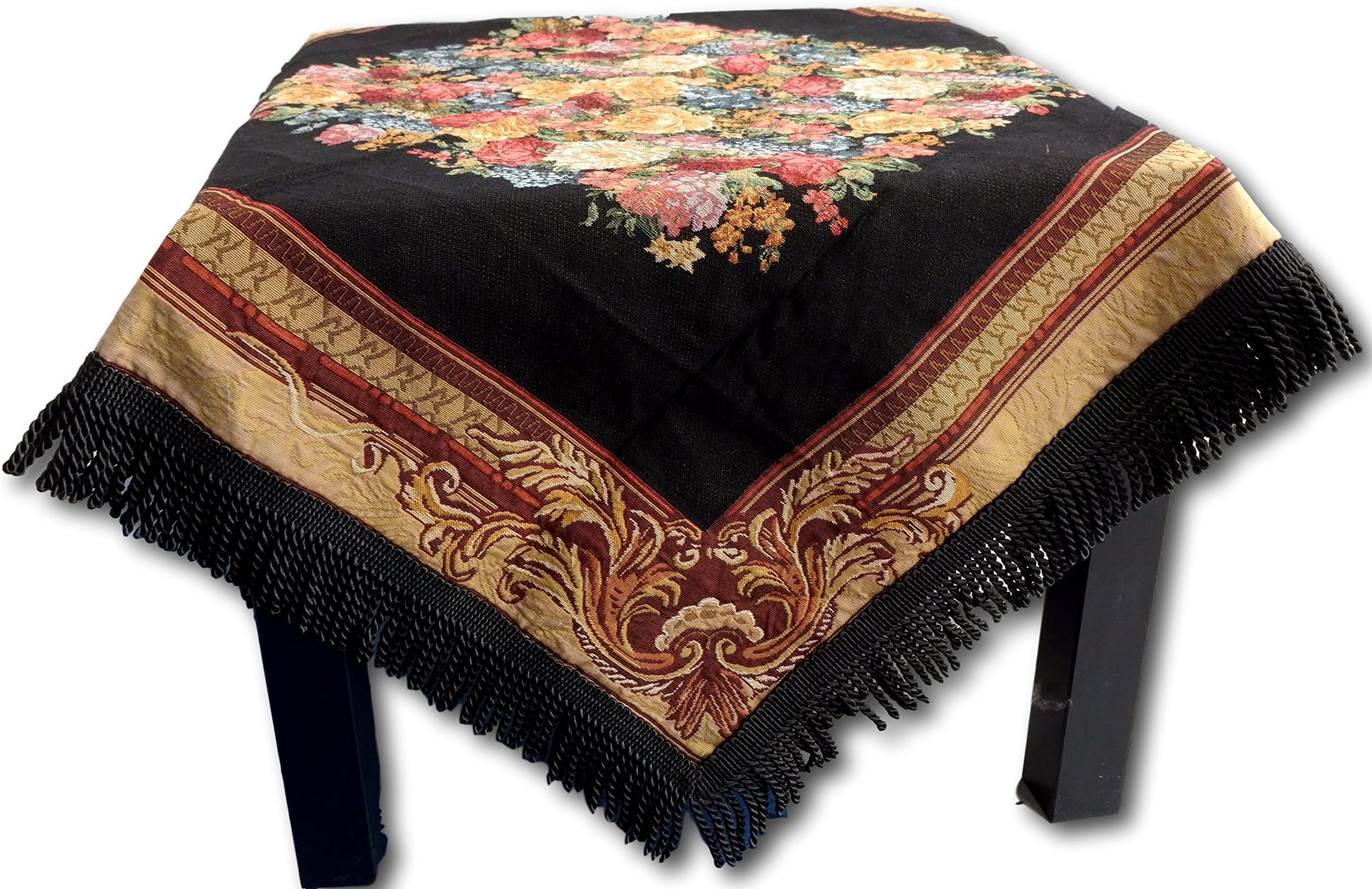 Tache 35 X 35 Inch Square Country Rustic Woven Black Floral Midnight Awakening Tablecloths