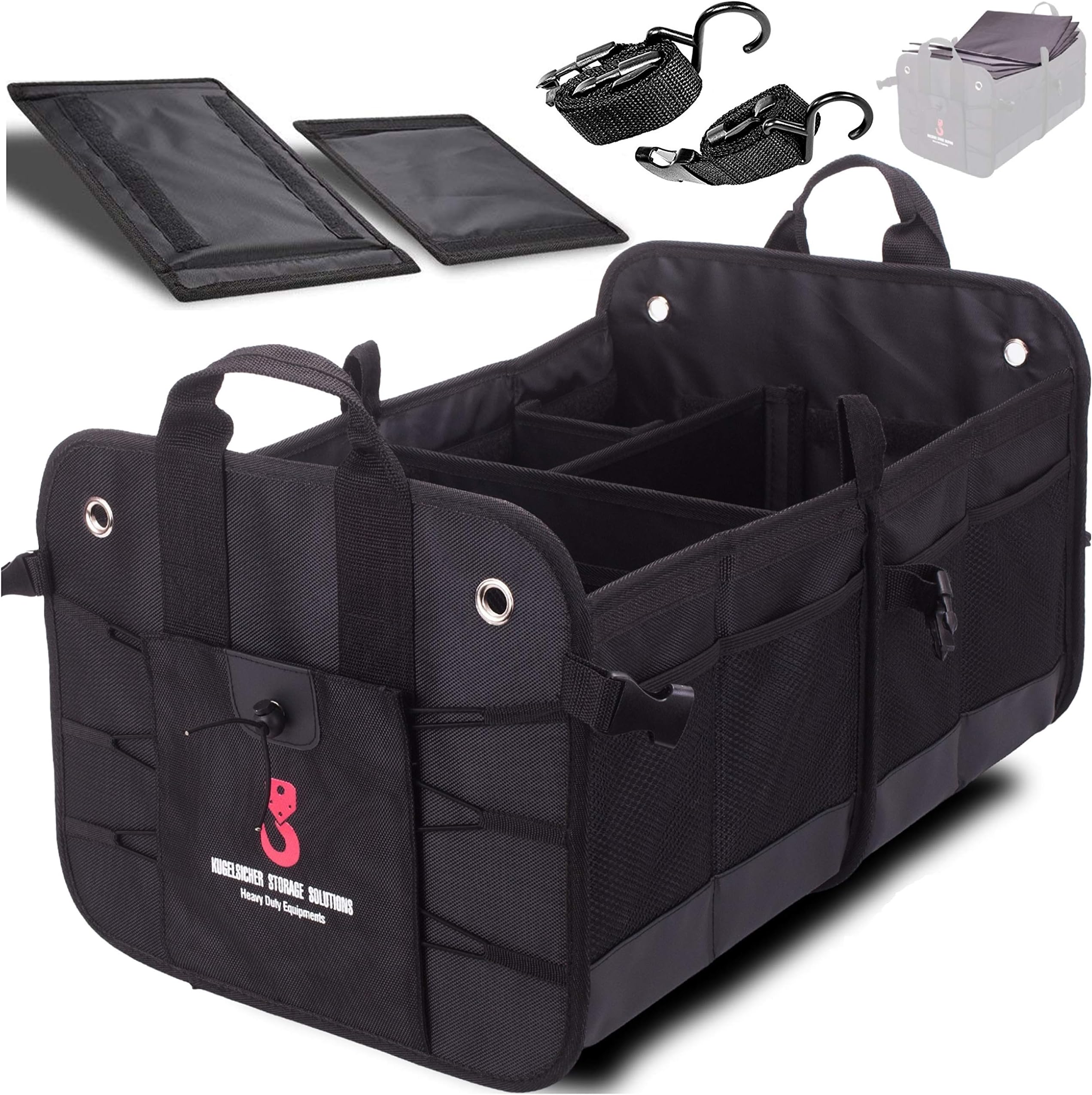 KUGELSICHER Trunk Organizer for Car - Collapsible & Portable - Adjustable Inner Compartments – Two-Way Up Cover & Stabilizer Hooks - Heavy Duty Non-Slip Cargo Trunk Storage Organizer for All Vehicles