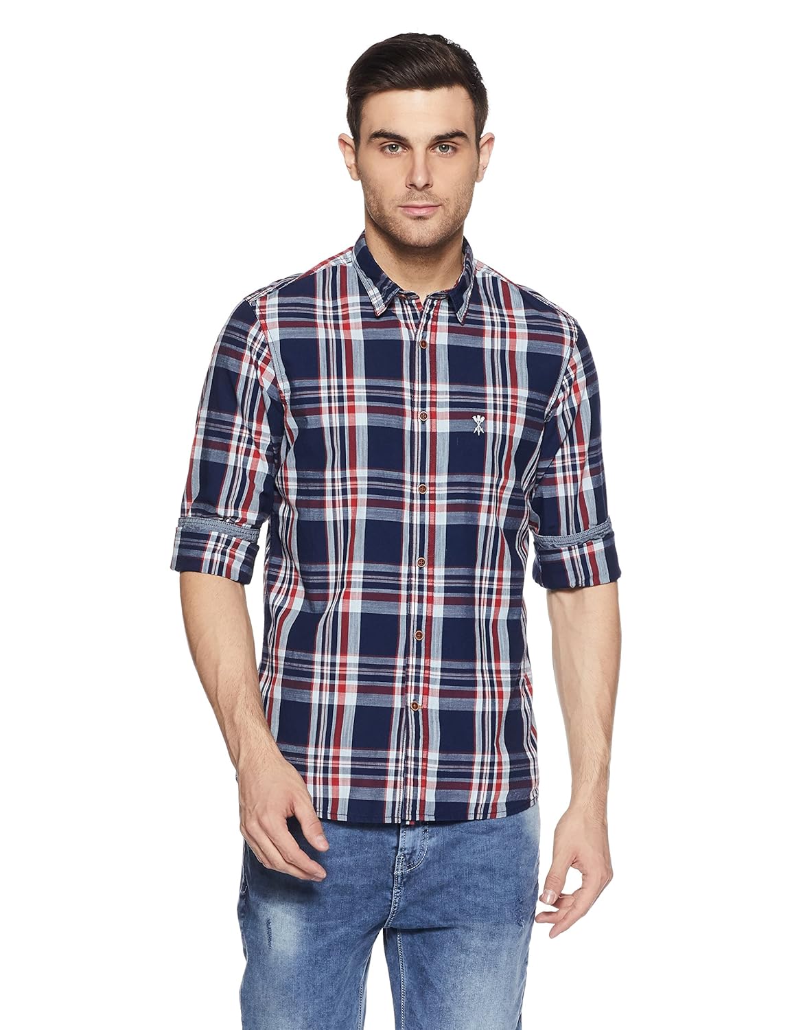 arrow jeans men's checkered slim fit cotton casual shirt