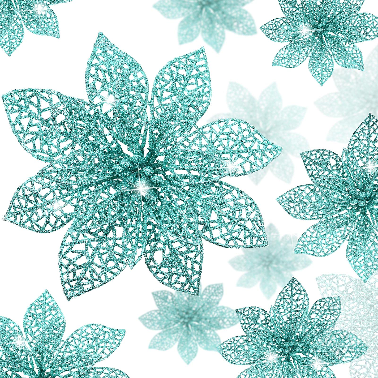 WILLBOND 36 Pieces 3 Size Christmas Glitter Poinsettia Faux Wedding Flowers Christmas Flowers Decoration Ornaments for Christmas Tree New Year Home Outdoor Decoration (Blue-Green) — image 1