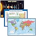 Palace Learning 3 Pack - Solar System Poster + Periodic Table of The Elements for Kids + World Map Chart [Blue Ocean] (LAMINATED, 18" x 24")