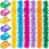 Yearntown 6 Pcs Neon Sparkly Glitter Cowboy Holographic Hat 6 Pcs 6.6ft Cowgirl 60g Colorful Feather Boas for Mardi Gras