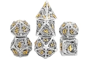 Hollow Metal DND Game Dice Dragon Shape Carved Silver and Gold Number 7Pcs Set for Dungeons and Dragons RPG MTG Table Games D