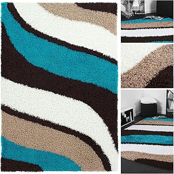 Exklusiver Hochflor Design Shaggy Mit Wellen Muster In Braun Beige Turkis Hochwertiger Weicher Langflor Kuschel Teppich Gestreifte Laufer Teppiche Brucken Fur Schlafzimmer Jugendzimmer Oder Wohnzimmer Farbe Braun Grosse 120x170 Cm Amazon De