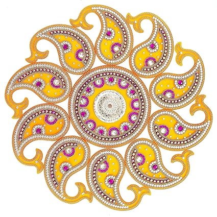 KRIWIN Handicraft Rangoli 11 pcs Set 16 inch Dia- Jewel Stone Decorations and Red, Golden Accents on Yellow Acrylic Base